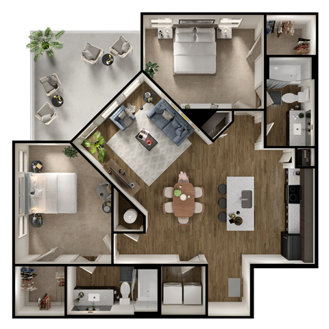 A top-down view of a modern apartment layout with a kitchen, living room, dining area, and bathroom.